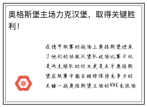 奥格斯堡主场力克汉堡，取得关键胜利！